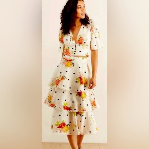 FARM Rio White Nanaju Midi Tiered Skirt & Deep V Crop  Puff Sleeve Blouse S/M - Picture 1 of 16